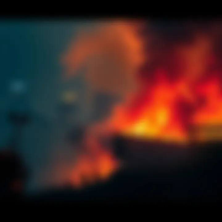 A devastating fire scene in Hong Kong with smoke and emergency responders at the site