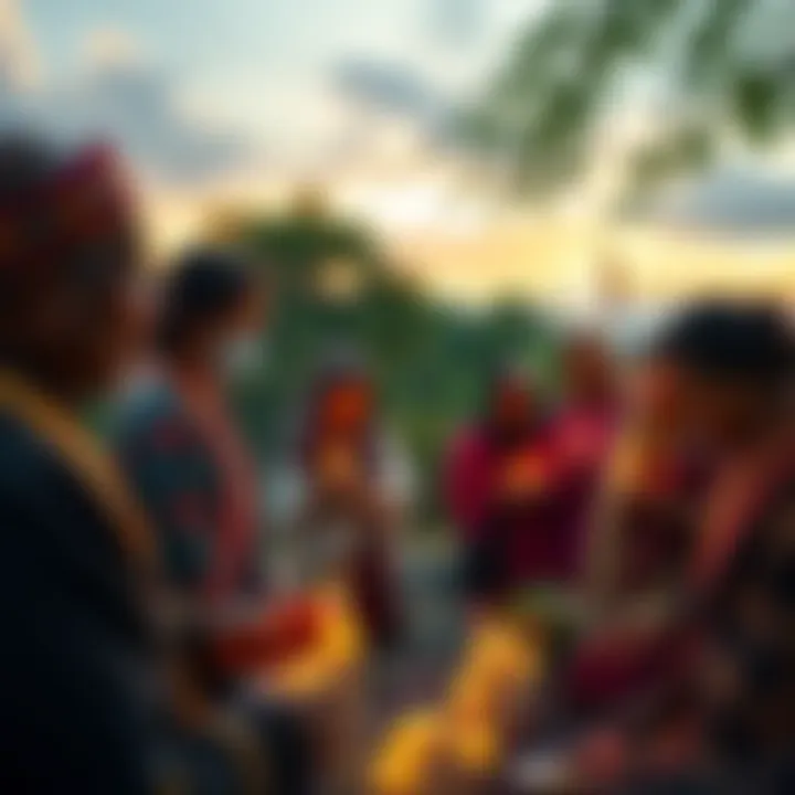 A serene scene showing a diverse group of people engaged in a ritual, paying respect to ancestors with candles and offerings, surrounded by nature
