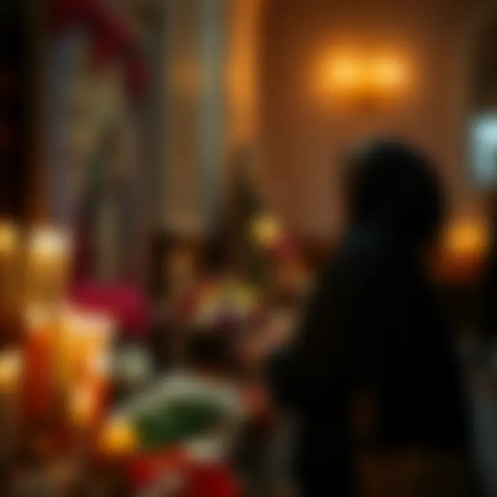 A person lighting candles and placing flowers at a Santa Muerte altar, showing devotion and reverence.