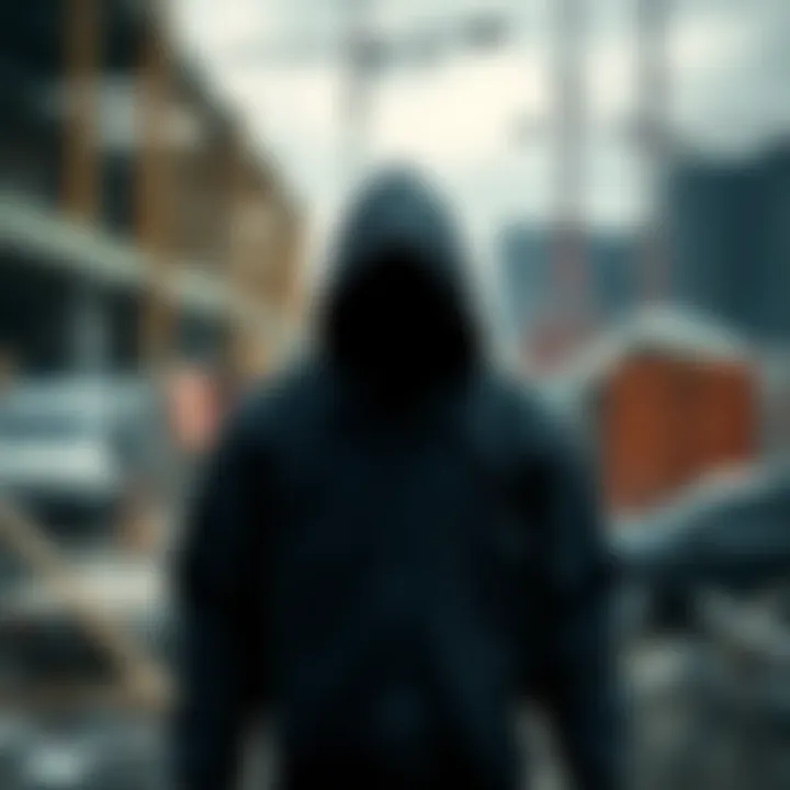 A hooded figure appears in the background of a construction site photo, with tools and building materials visible in the foreground.