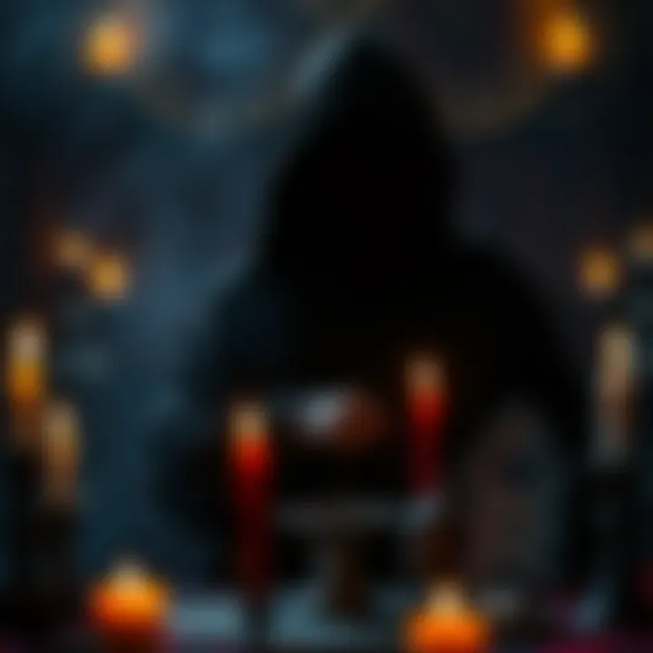A hooded figure appears amidst candles and mystical symbols during a ritual, creating an eerie atmosphere.