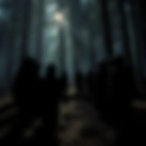 A dark scene in a California forest showing hooded figures gathered in a circle, chanting ominously. Moonlight filters through the trees, creating a haunting atmosphere.