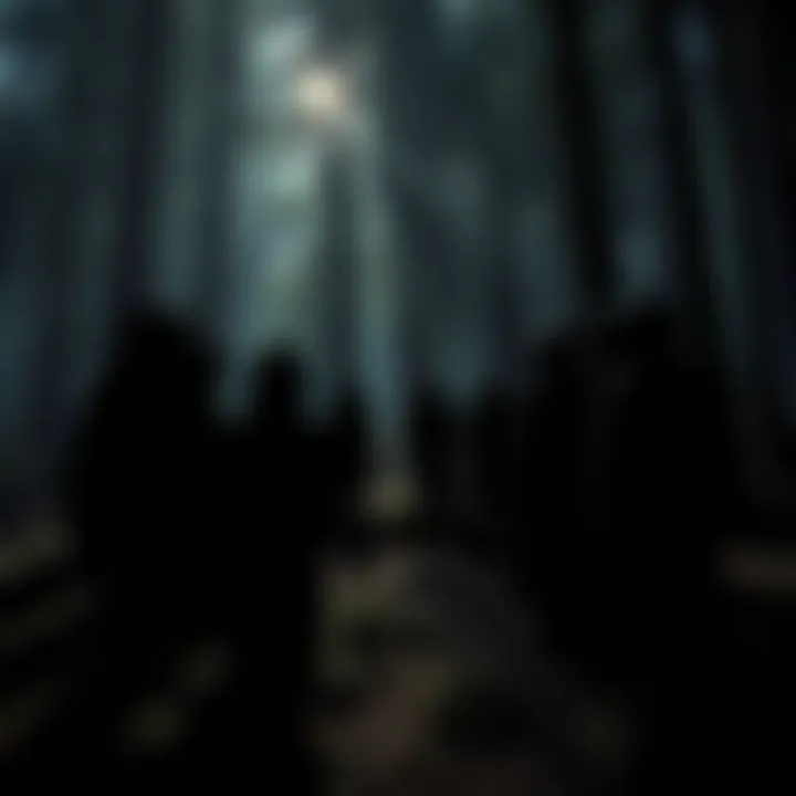 A dark scene in a California forest showing hooded figures gathered in a circle, chanting ominously. Moonlight filters through the trees, creating a haunting atmosphere.
