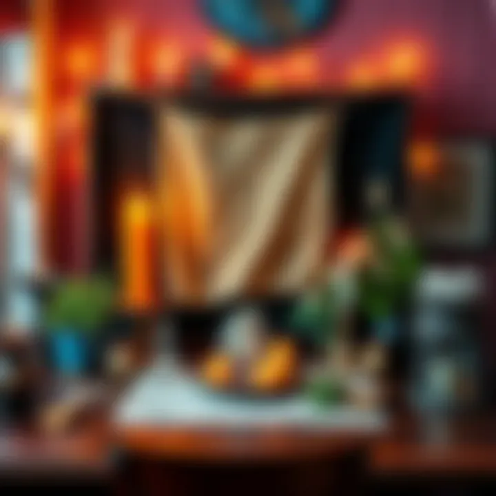 A small, decorated hoodoo altar featuring candles, herbs, and crystals in an organized workspace