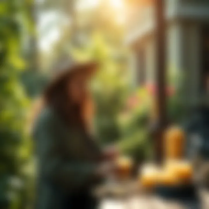 A visitor explores Hoodoo items like herbs and candles in South Charleston, surrounded by lush greenery and warm sunlight.
