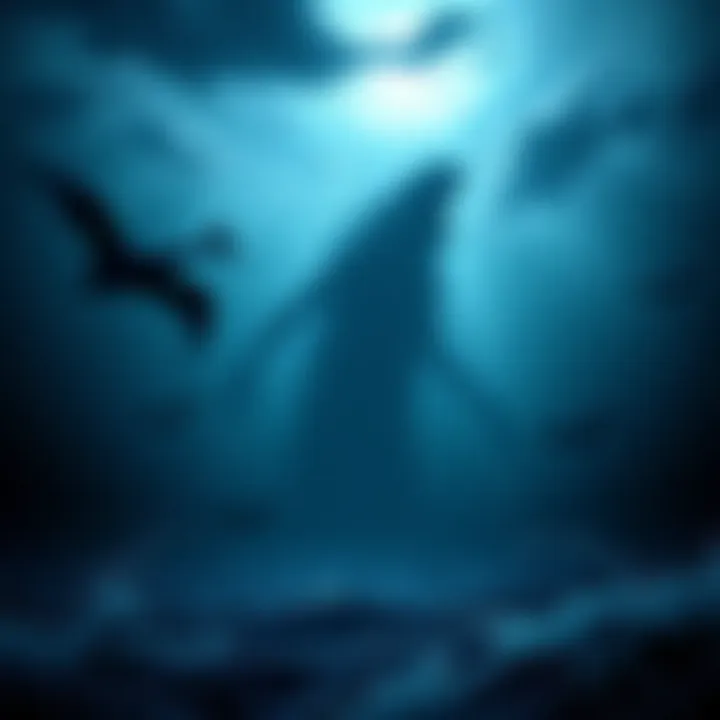 A shadowy figure resembling a sea monster lurking beneath the waves off Hook Island.
