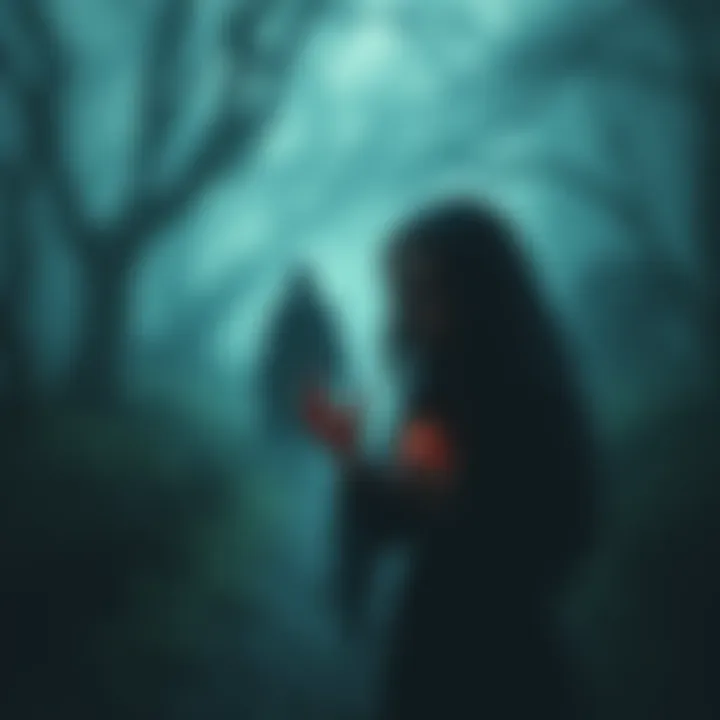 A ghostly woman with a haunting expression confronts a shadowy figure in a dark, eerie landscape.