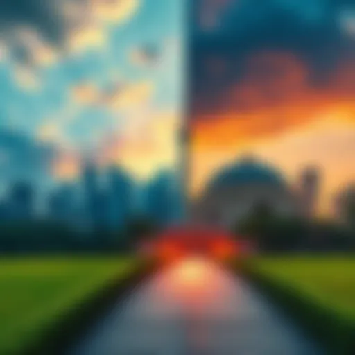 A contrasting image showing a vibrant city skyline representing modern life alongside a serene landscape symbolizing nature and tradition, highlighting the fusion of dreams and reality.