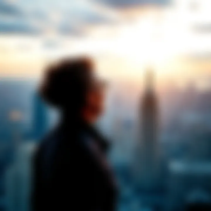 A person looking out over a city skyline with a thoughtful expression, symbolizing hopes and concerns about the future.
