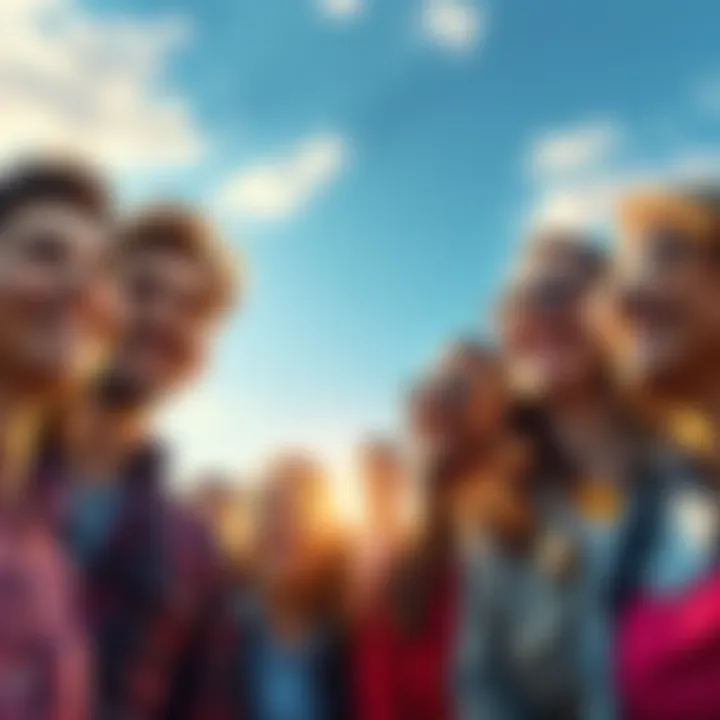 A diverse group of people smiling and looking towards a bright horizon, symbolizing optimism for 2025.