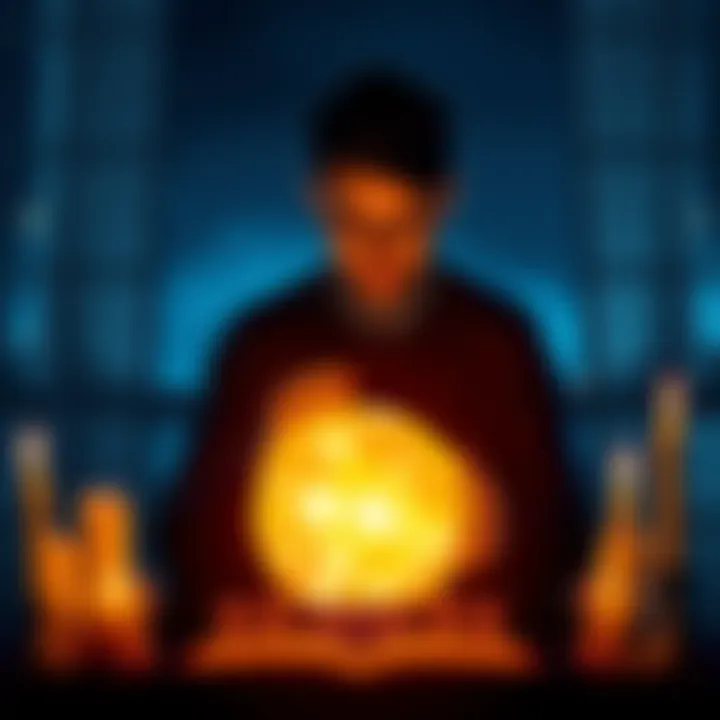 A person sits at a table with a glowing crystal ball, surrounded by candles, reflecting on hope and future possibilities during a reading session.