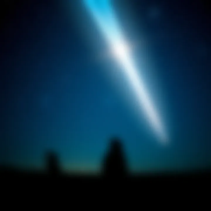 A bright comet streaks across a starry night sky, symbolizing the Hopi prophecy and upcoming changes in dimensions. In the foreground, silhouettes of Native people observe the sky with awe.