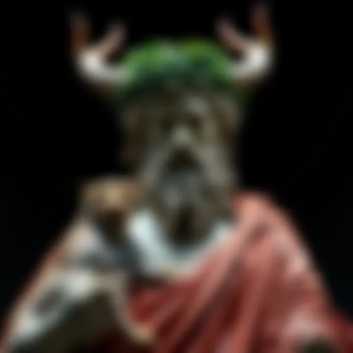 A statue of Dionysus with horns, wearing an ivy crown, surrounded by leopards and vines, showcasing the deity's connection to nature and celebration.