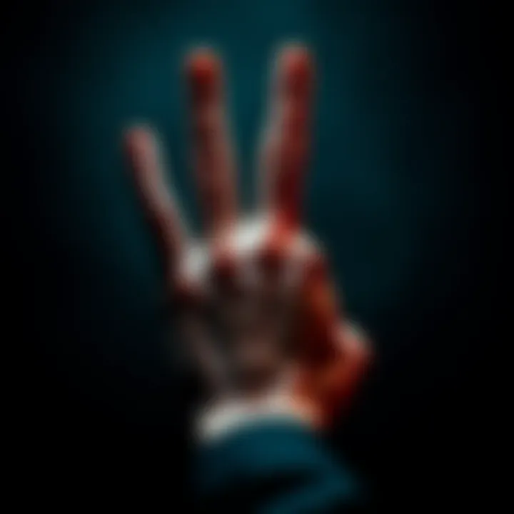 A close-up of a hand making the horned hand sign with a dark background, symbolizing hidden meanings and occult practices.