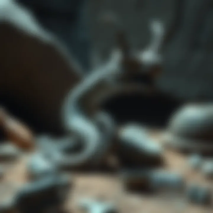 Horned Serpent Sculpture A detailed sculpture of a horned serpent, showcasing its unique features and design, placed among ancient artifacts at an archaeological site.