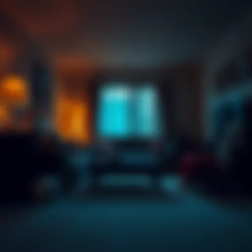 A dimly lit living room with eerie decorations, featuring a haunted doll and shadows on the walls, capturing the spooky atmosphere of horror films.