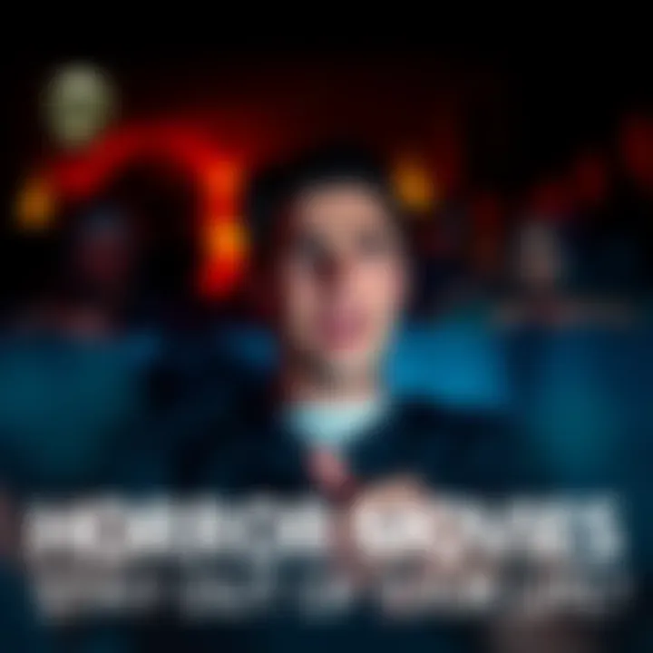 Horror Movies Impact A person watching a horror movie, appearing uneasy while surrounded by dark shadows and unsettling imagery.