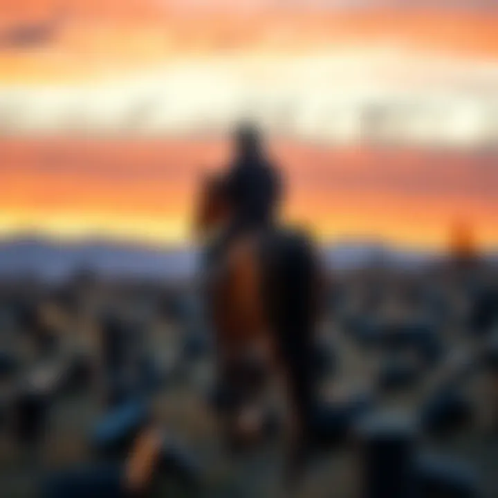 A horseback rider near Mt Shasta looks at 100 solar power speakers scattered on the ground.