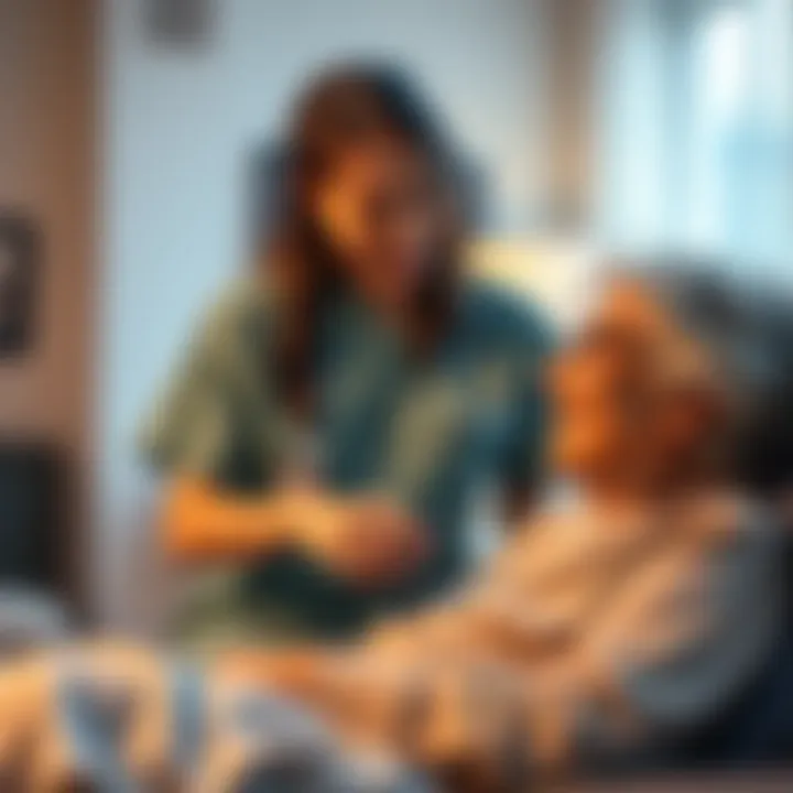 A hospice RN gently holds the hand of a smiling patient in a serene room, showcasing a moment of connection and care before the patient's passing.