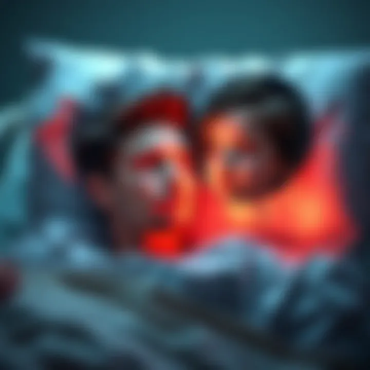 A brother in a hospital bed with a serene expression, seeing an image of his sister beside him, with soft light around her.