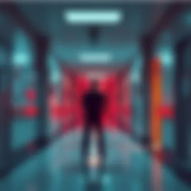 Security guard standing at the entrance of the closed 4th floor of a hospital, looking concerned