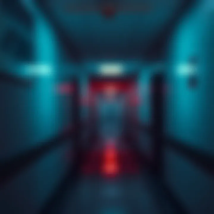 A dimly lit hospital corridor with flickering lights, suggesting a ghostly presence