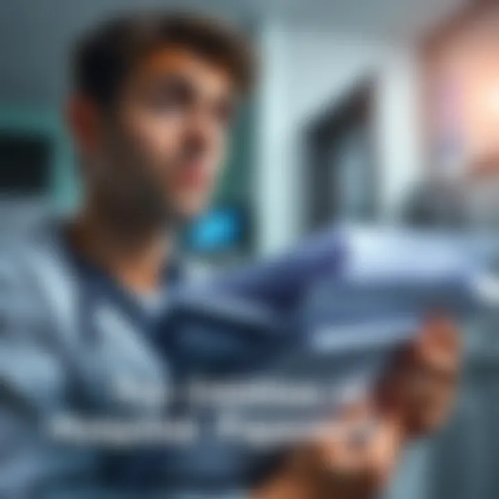 Hospital paperwork confusion A person looking puzzled while holding a stack of hospital forms and documents in a medical setting