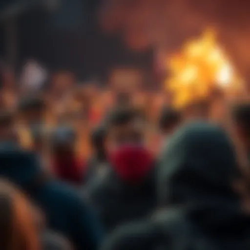 A crowd of people reacting angrily to a person questioning government information, showcasing tension in opinions about authority.