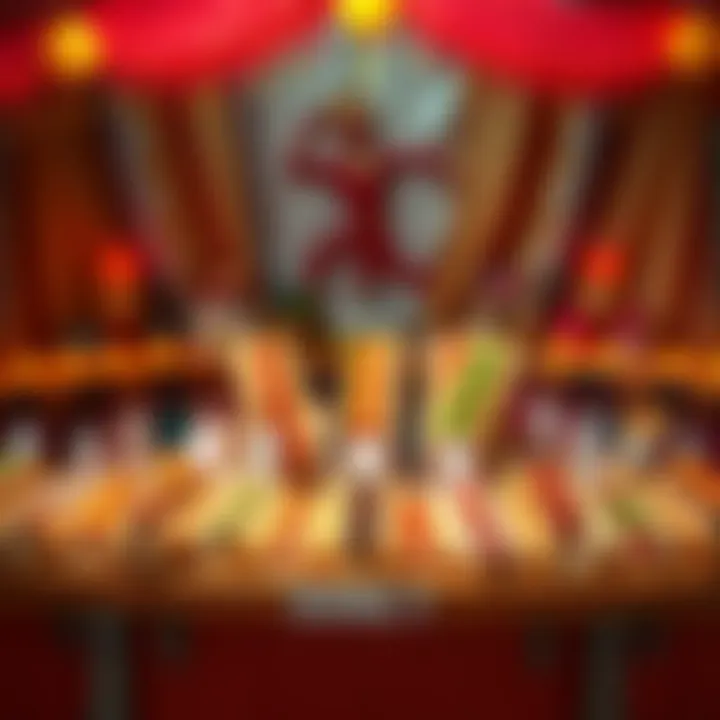 A display of various hot dogs creatively arranged on a vibrant altar, inviting ratings from viewers.