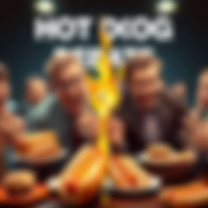 A split image showing two groups of people passionately arguing about hot dogs, one group holding plates with hot dogs and the other group looking disapprovingly.