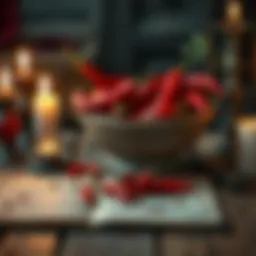 A bowl of red hot peppers next to burning candles and a spell book on a wooden table