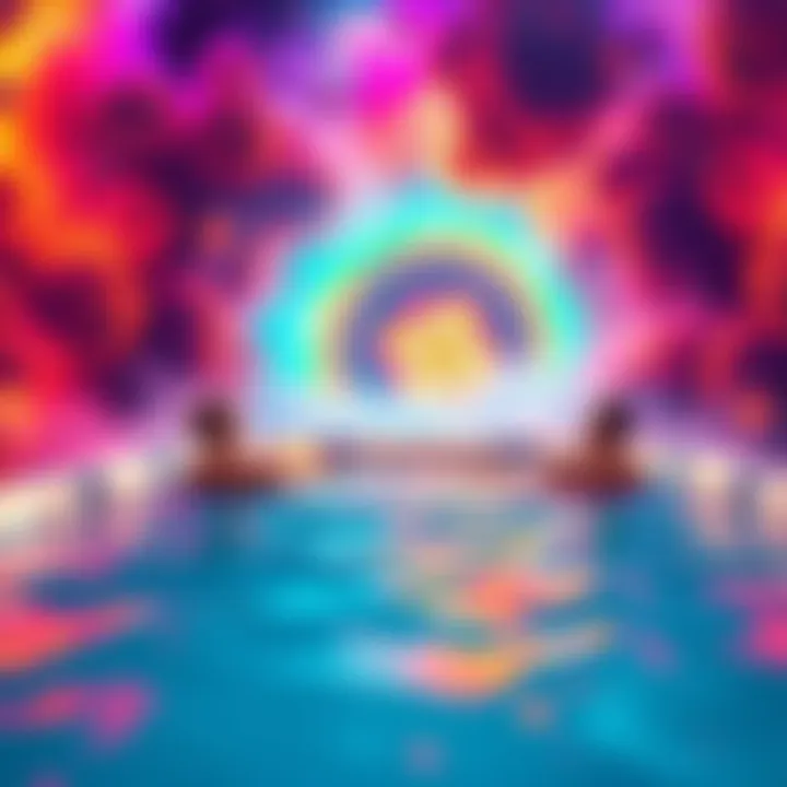Journey through Vibrant Dimensions A surreal depiction of a hot tub experience with colorful energies and cosmic beings