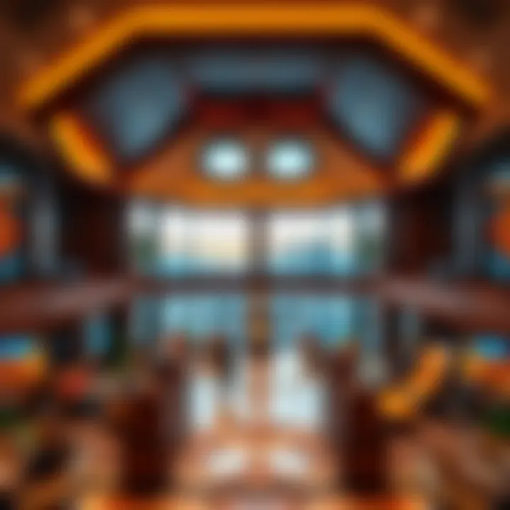 A spacious hotel lobby featuring an octagonal shape, dark wood accents, and comfortable seating areas. Guests can be seen enjoying the cafe with both indoor and outdoor seating, set against a backdrop of city views.