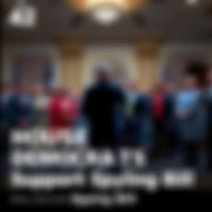 A group of House Democrats standing together in a congressional setting expressing support for a spying bill linked to President Trump.