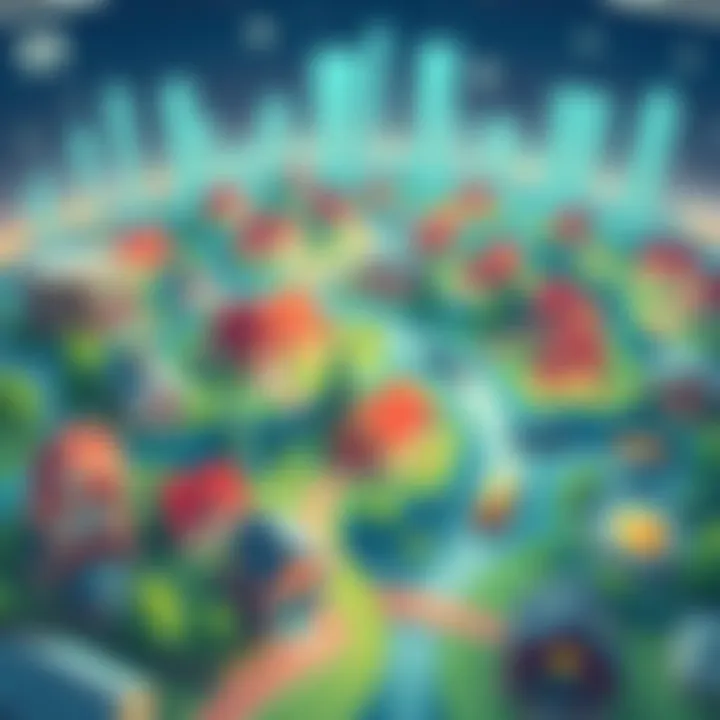 A vibrant illustration depicting a winding path through various homes and neighborhoods, symbolizing the house hunting journey in a bustling mall world.