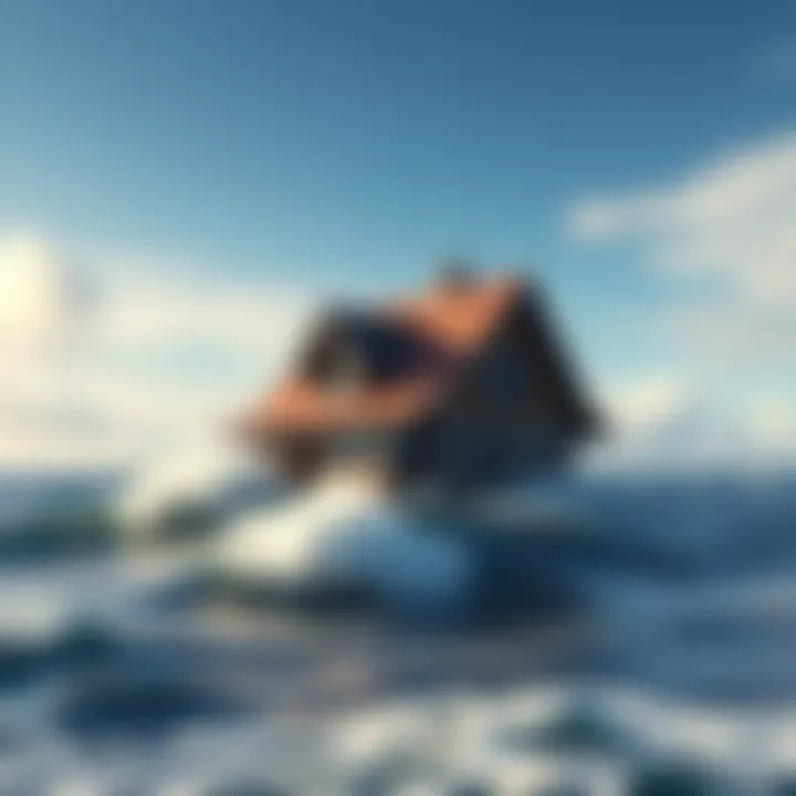 House Without Walls at Sea A house floats on the ocean without walls, surrounded by waves under a clear sky and distant storm clouds.