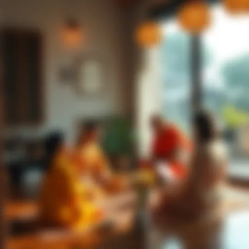 Householder Life in Buddhism A peaceful scene of a family practicing Buddhism in their home, engaging in daily spiritual rituals and family bonding.