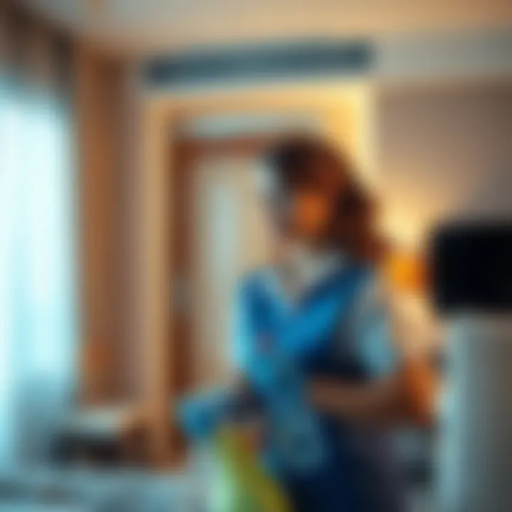 A housekeeper inspecting a hotel room for safety, looking thoughtful and cautious, with cleaning supplies in hand.