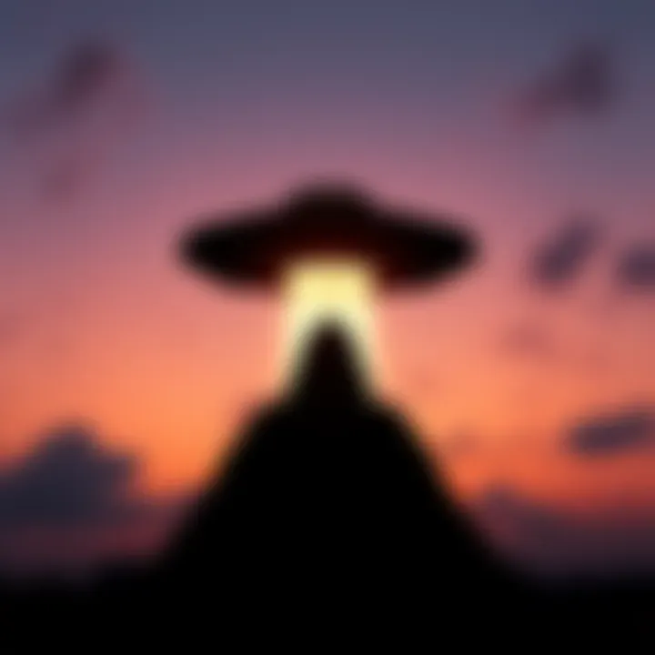A silhouetted cloaked object against a twilight sky, emitting an ethereal glow, surrounded by a shimmering distortion in the air