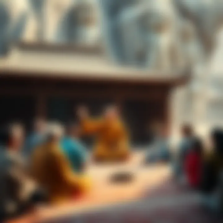 A Zen monk, representing Huangbo, teaches a diverse group of people sitting on the ground, highlighting the idea of true compassion and equality among all individuals.