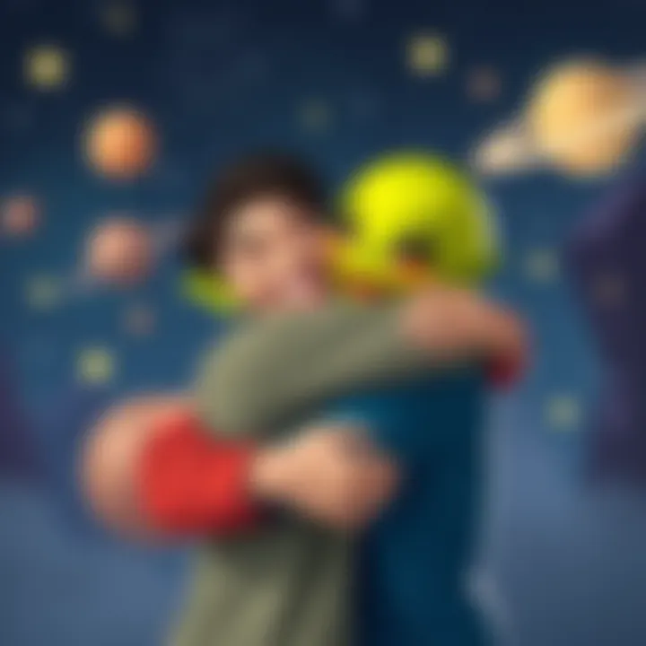 A joyful person embracing a friendly, cartoonish alien in a playful setting, surrounded by stars and planets.