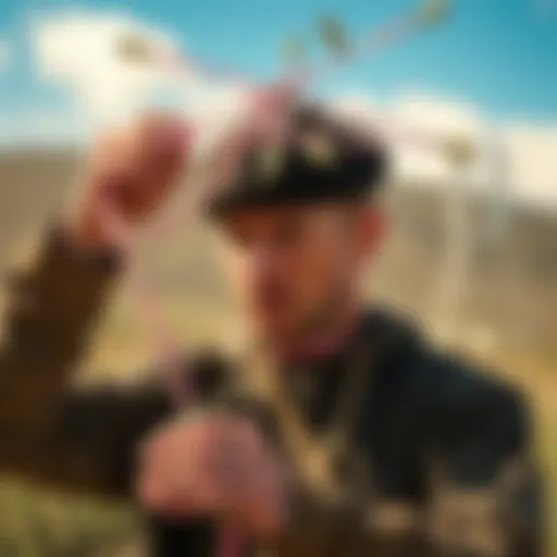 A person assembling a human antenna with materials like wire and connectors in an outdoor setting.