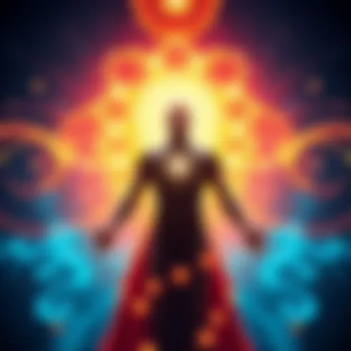A human figure surrounded by glowing energies, symbolizing healing and potential, with cosmic elements in the background.