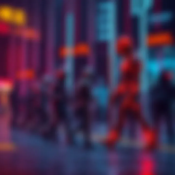 A representation of human evolution with game-like visuals showing character classes and updates, symbolizing a simulated reality.