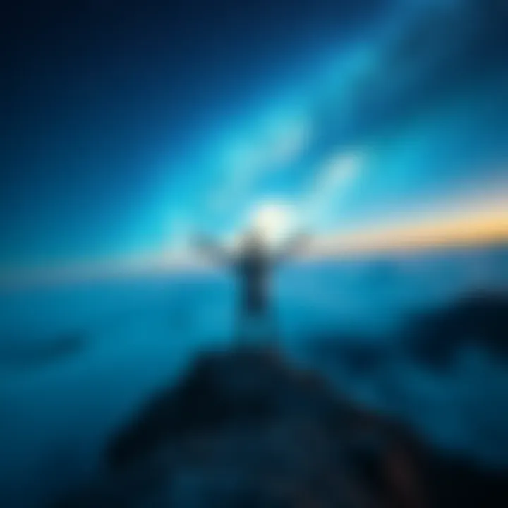 A person standing on a mountain peak, stretching their arms toward the night sky filled with stars, symbolizing the quest for divine status.