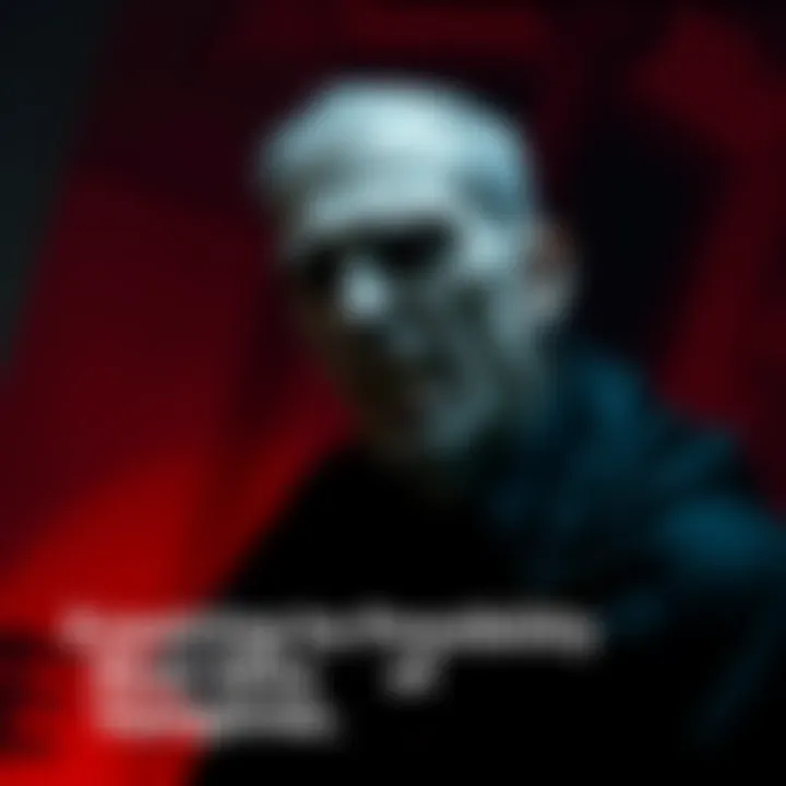 A person with vampire fangs and pale skin, dressed in dark clothing, standing in a shadowy environment with a subtle blood-red background.