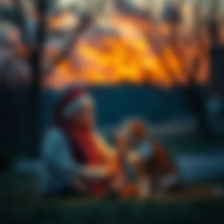 A serene scene showing a person sitting peacefully with a dog and a cat, symbolizing the connection between human and animal souls.