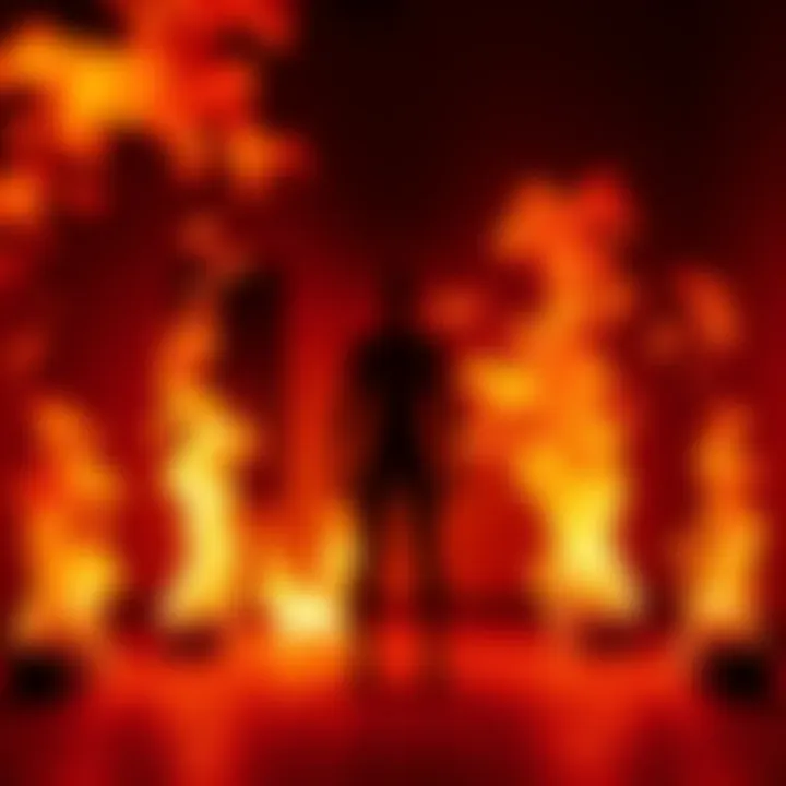 A person standing in a room with flames surrounding them, representing spontaneous human combustion.