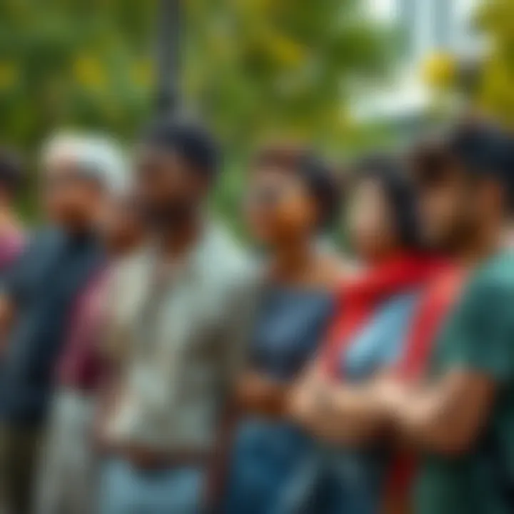 A diverse group of people standing together in a park, looking thoughtful and engaged with each other, symbolizing connection and purpose amidst societal challenges.