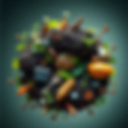 A graphic showing various organic materials like plants, soil, and animal waste interlinked, illustrating the recycling process of life.